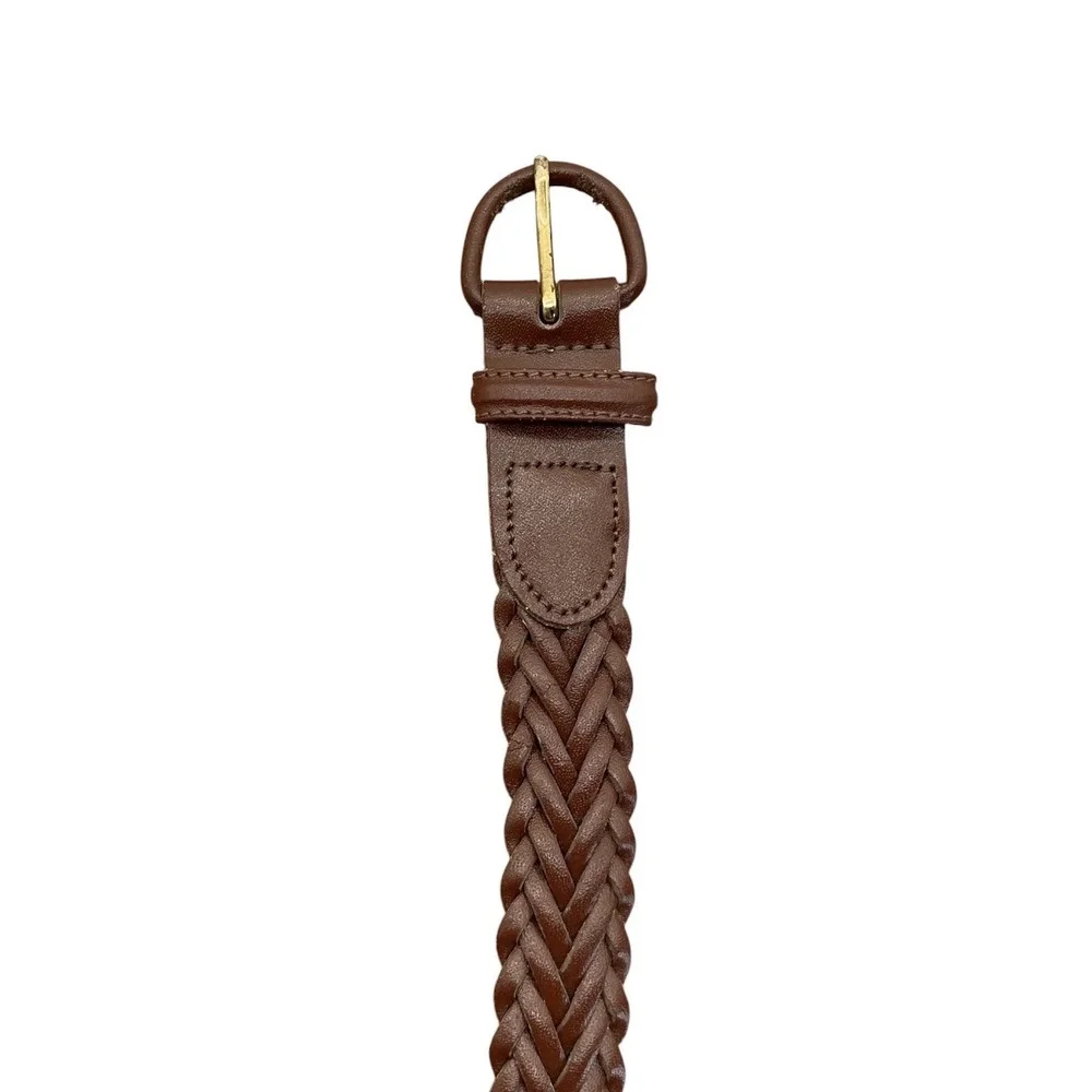Womens Brown Braided Genuine Leather Belt Gold Buckle‎ Size 38 Woven Adjustable